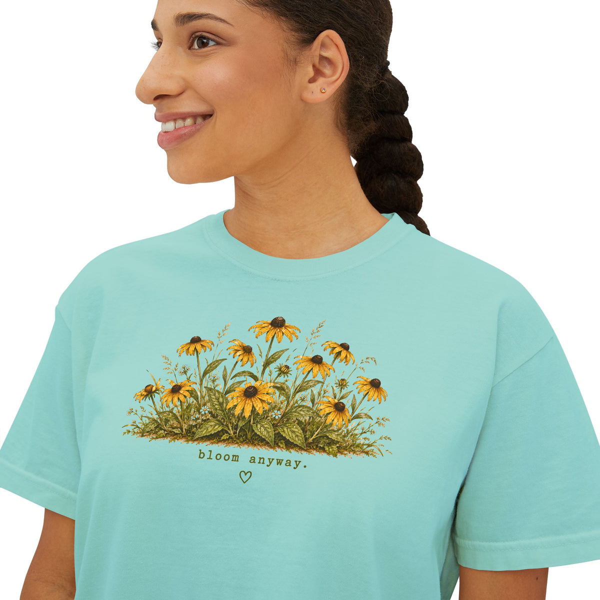 Bloom Anyway Boxy Tee | Black-Eyed Susan Wildflower Shirt | Cottagecore Floral Graphic Tee | Women's Relaxed Cropped Nature Shirt