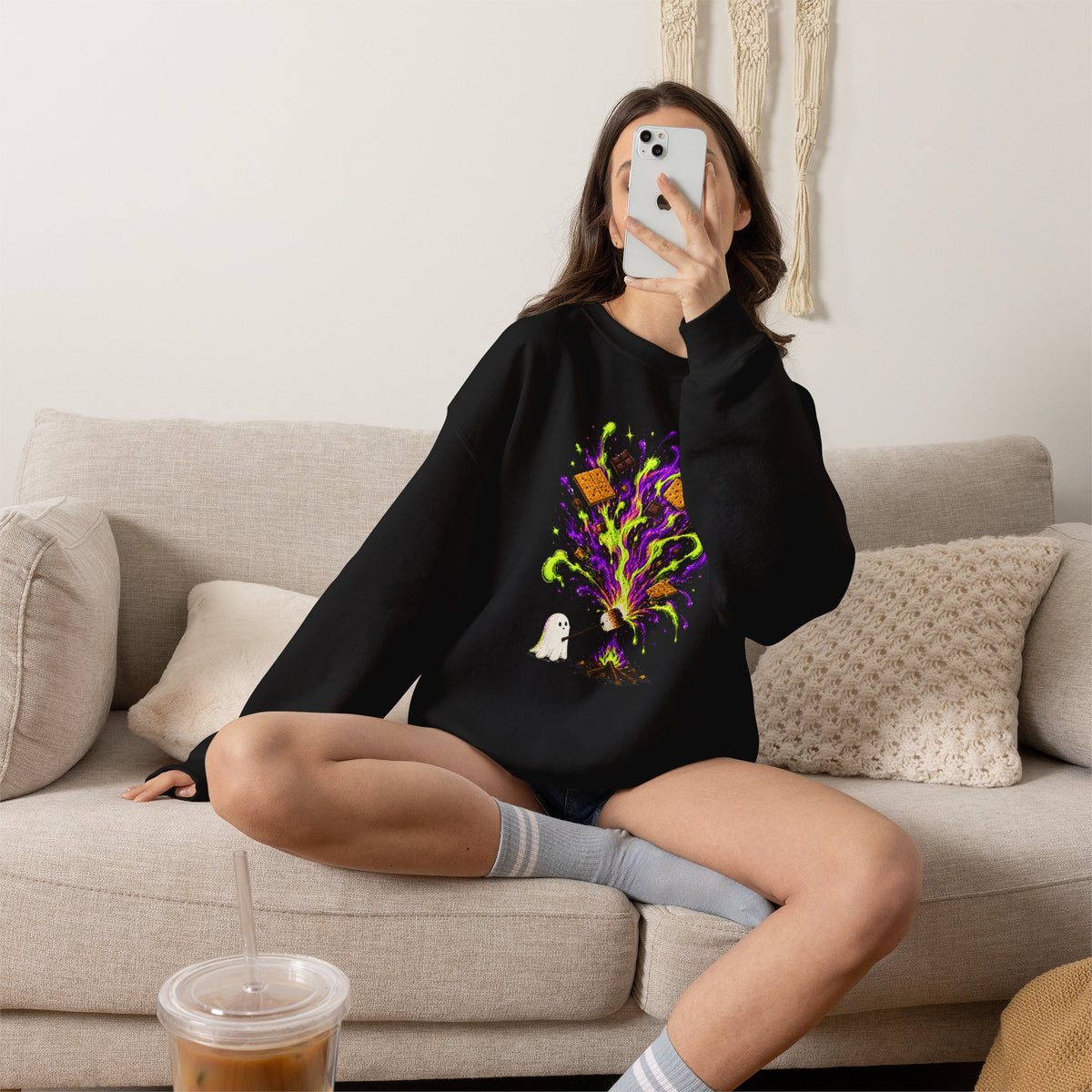 Halloween Ghost Smores Sweatshirt, Neon Spooky Campfire Crewneck, Cute Ghost Marshmallow Shirt, Halloween Camping Sweatshirt