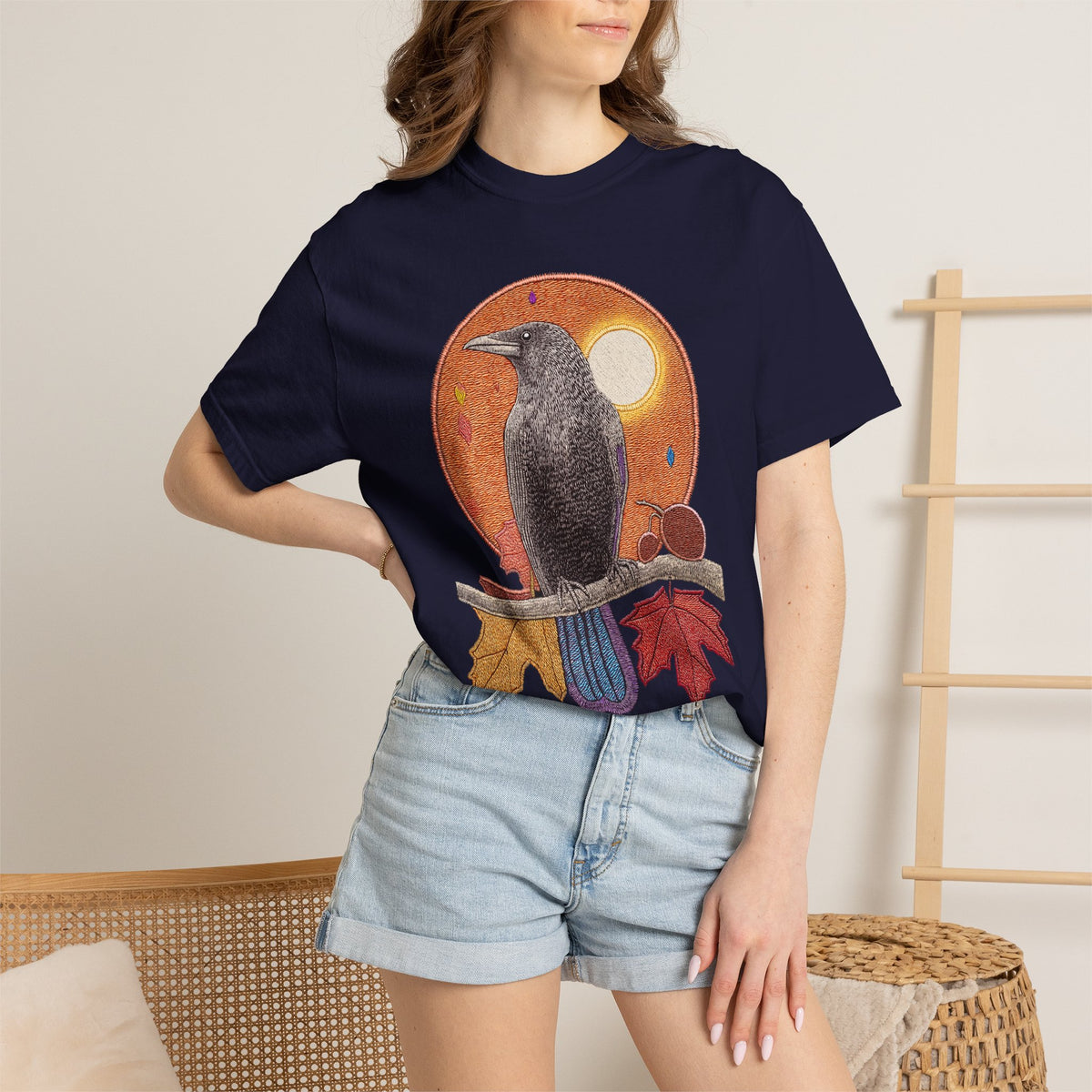 Autumn Crow Illustration T-shirt | Raven, Fall Leaves, Harvest Moon
