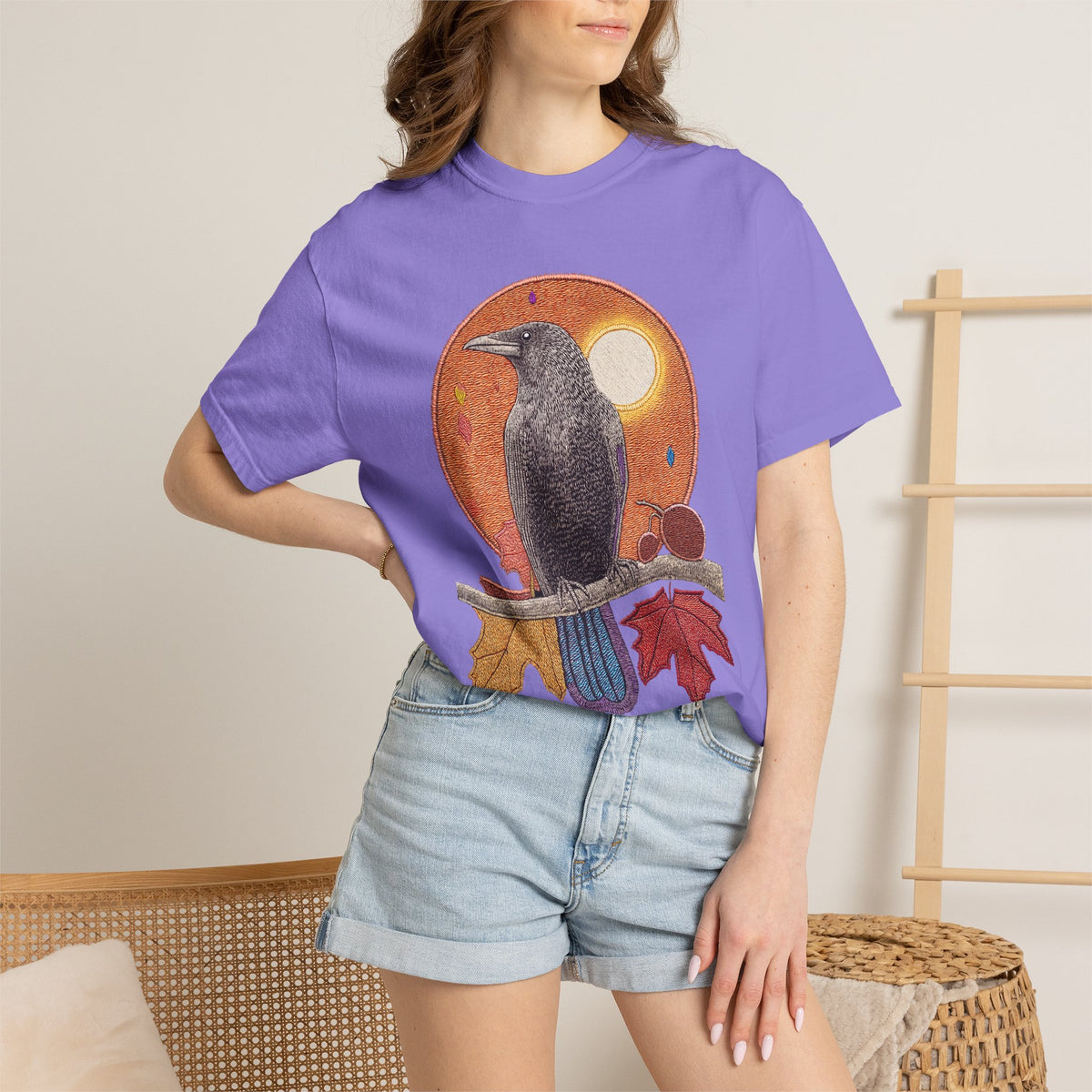 Autumn Crow Illustration T-shirt | Raven, Fall Leaves, Harvest Moon