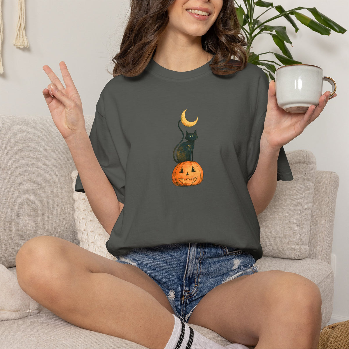 Black Cat on Jack-o'-Lantern T-Shirt | Crescent Moon Halloween Tee