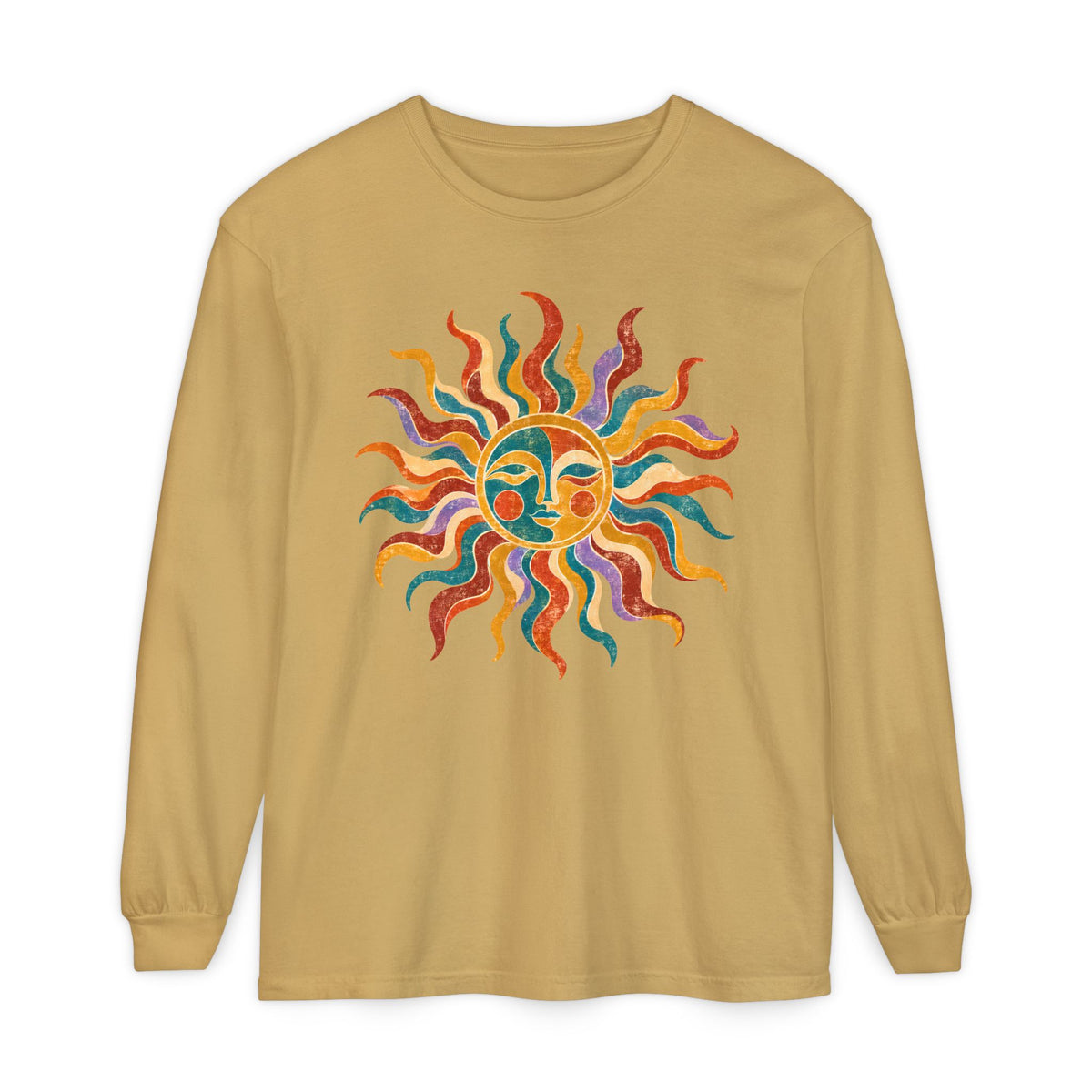 Retro Sun Long Sleeve Shirt, Folk Art Celestial Tee, Vintage Sun Face Shirt, Boho Graphic Long Sleeve