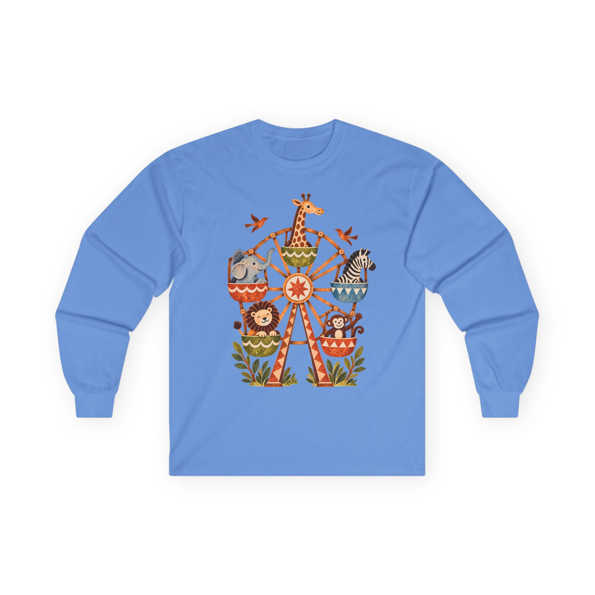 Vintage Safari Ferris Wheel Long Sleeve Shirt, Whimsical Zoo Animal Tee, Retro Storybook Graphic, Unisex Animal Lover Gift