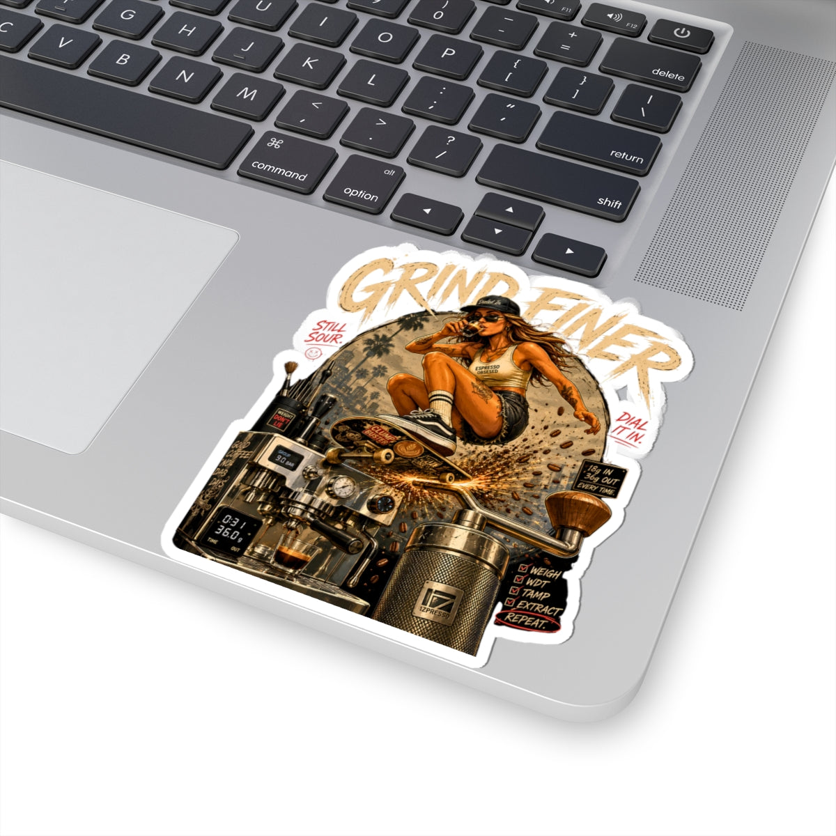 Grind Finer Coffee Sticker | Espresso Skateboard Vinyl Decal | Barista Gift