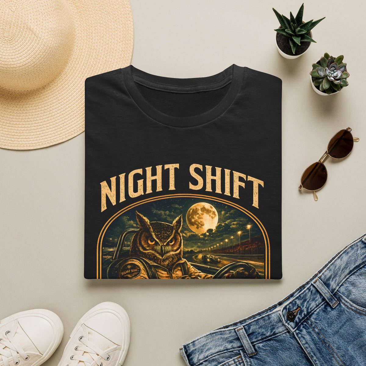 Night Shift Racing Shirt, Owl Race Car Tee, Vintage Motorsport, Sunset To Sunrise Graphic, Night Owl Racing, Retro Racing Gift
