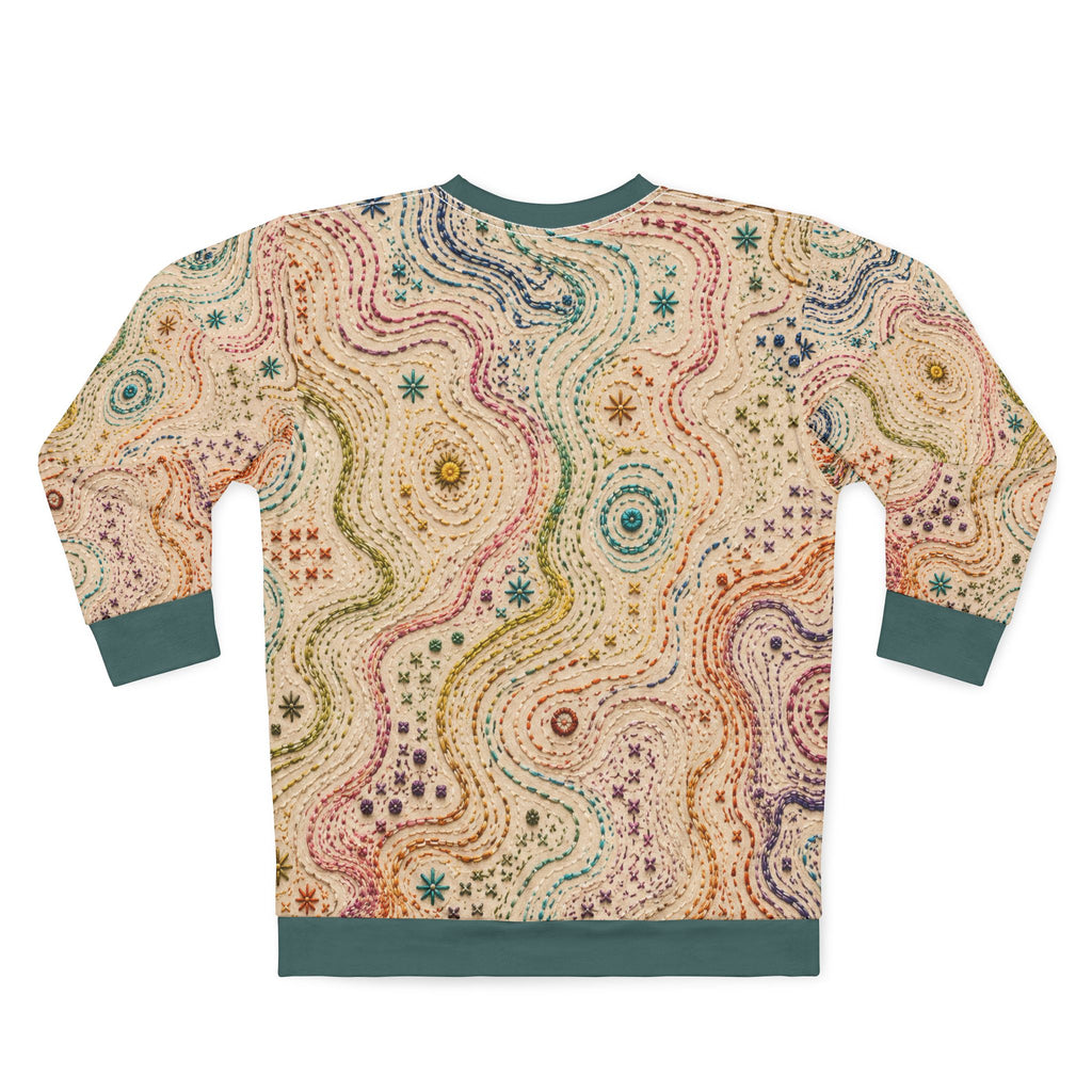 Threaded Terrain Embroidered Style All Over Sweatshirt | Abstract Topographic Stitch Pattern | Cozy Unisex Pullover
