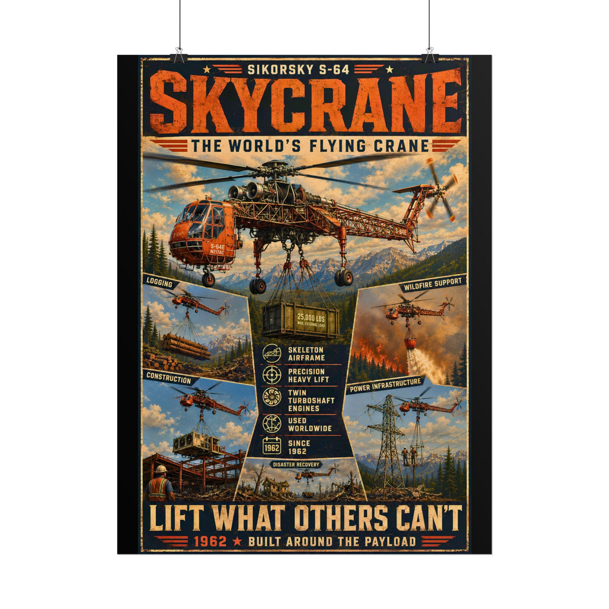 Skycrane Sikorsky S-64 Poster rolled poster | Heavy Lift Helicopter Vintage Art