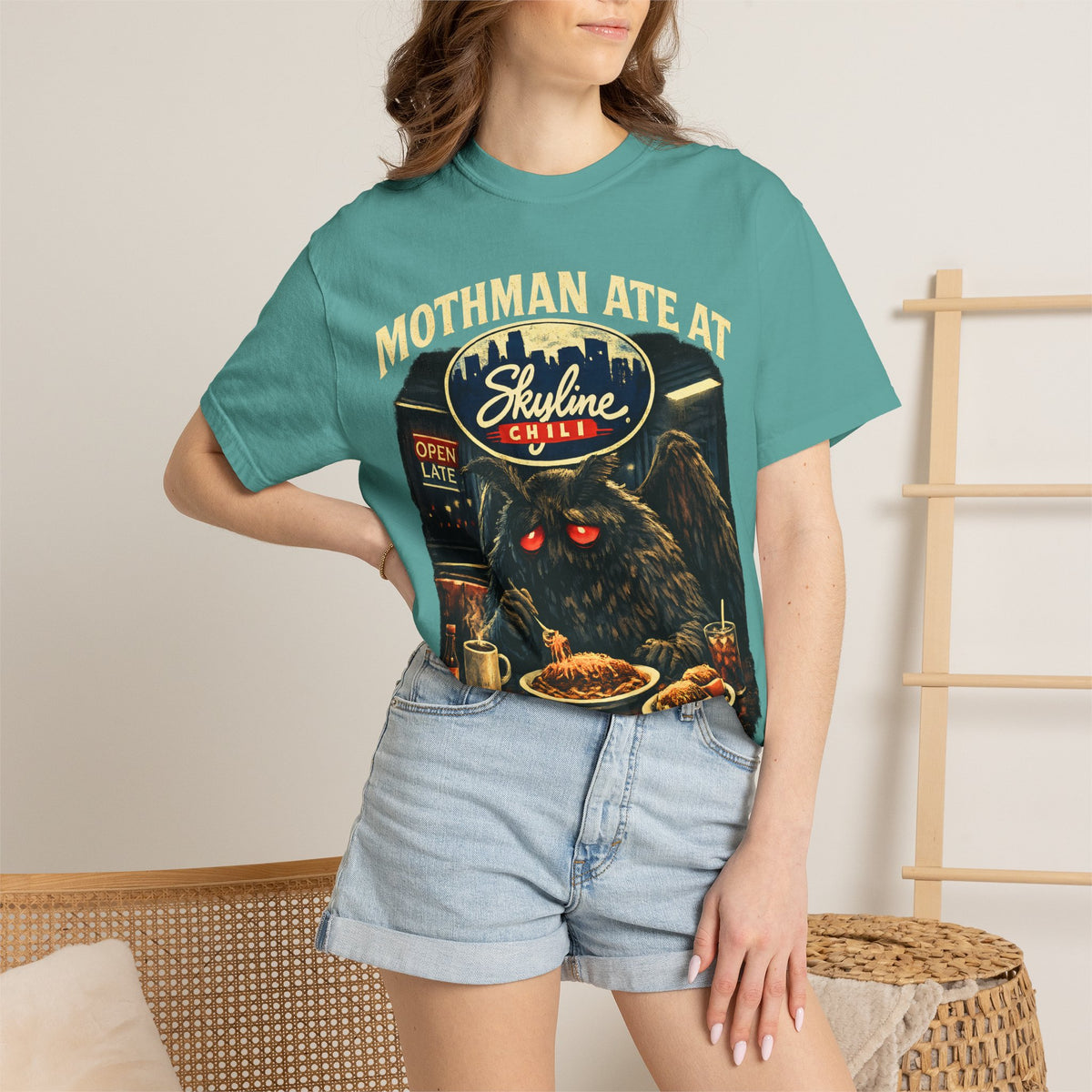 Satirical Mothman Chili Shirt, Cryptid Diner Graphic, Midnight Ohio Humor, Retro Monster Aesthetic, Open Late Apparel