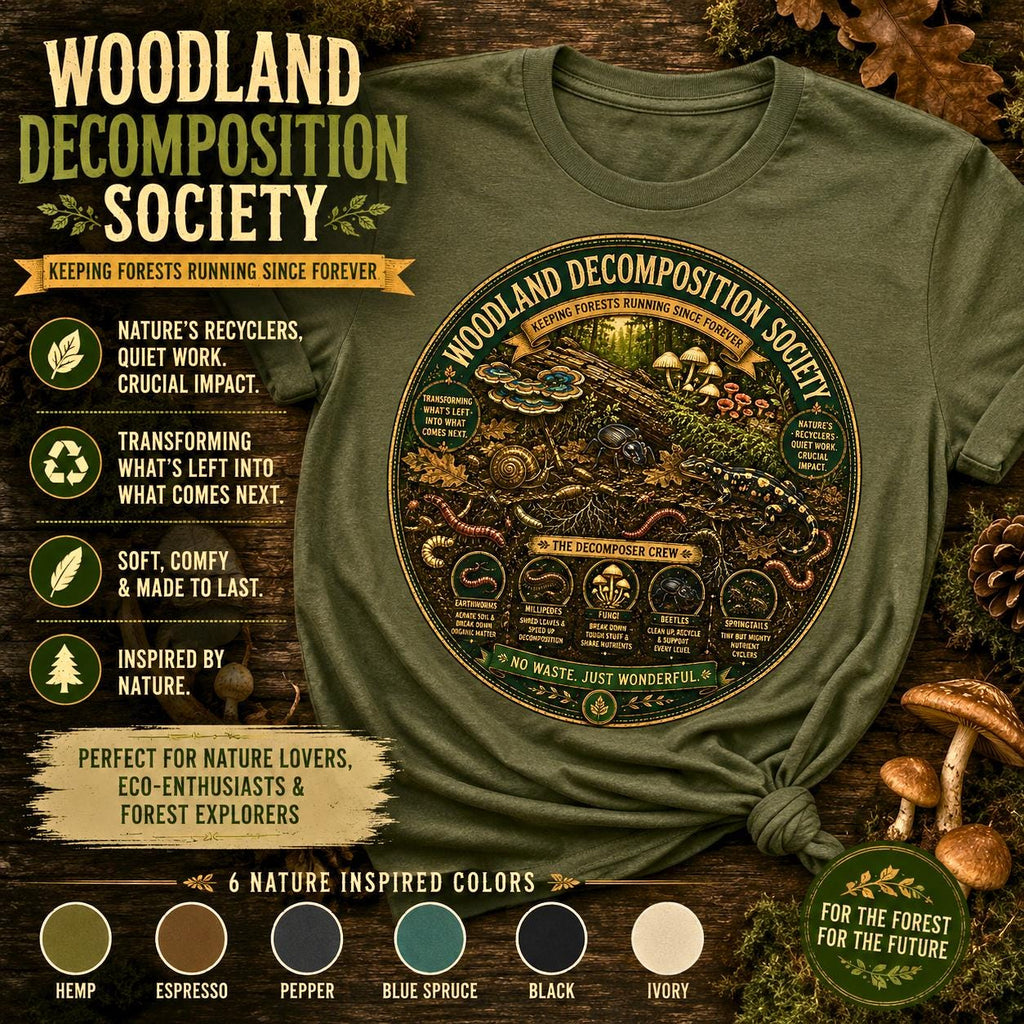Woodland Decomposition Society Shirt | Vintage Forest Nature Tee, Mushroom Salamander Graphic