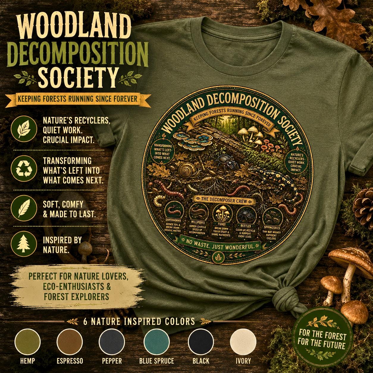 Woodland Decomposition Society Shirt | Vintage Forest Nature Tee, Mushroom Salamander Graphic