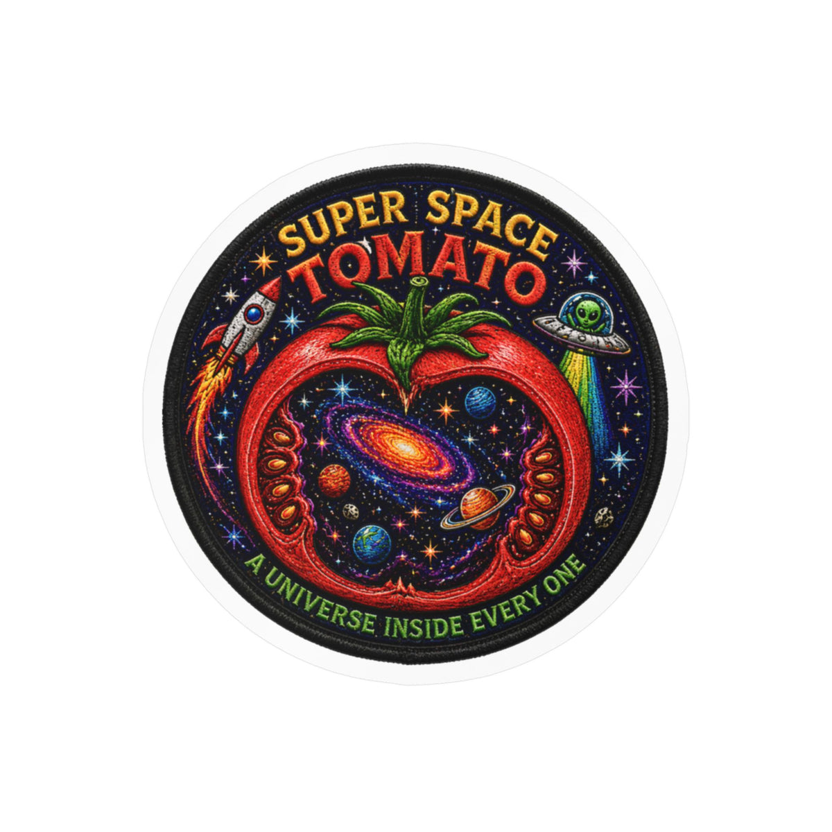 Super Space Tomato Sticker, Cosmic Patch Decal, Retro Galaxy Vinyl, Funny Space Food Art, Psychedelic Sci Fi