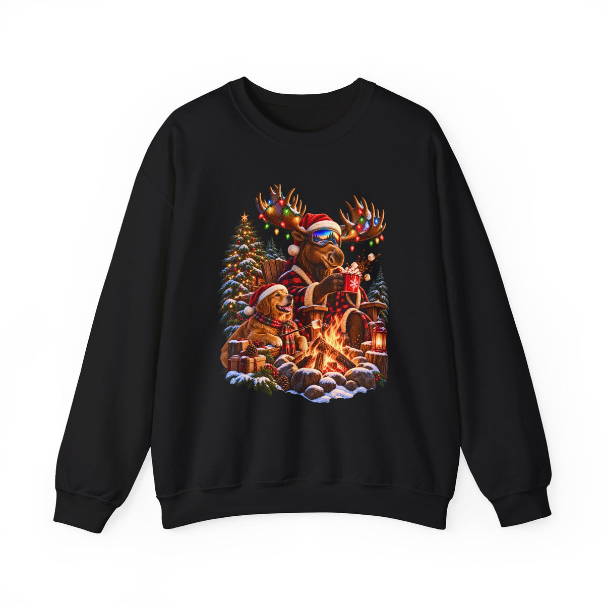 Christmas Moose Sweatshirt, Golden Retriever Christmas Crewneck, Cozy Holiday Campfire, Funny Winter Animal Gift