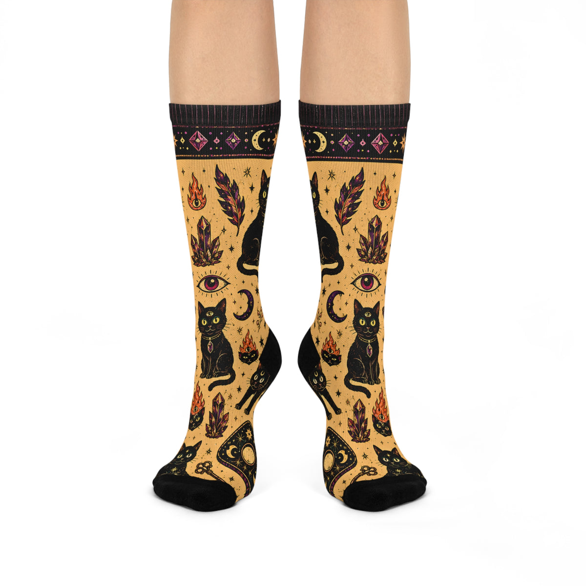 Black Cat Pattern Cushioned Crew Socks | Witchy Moon and Flame Motifs
