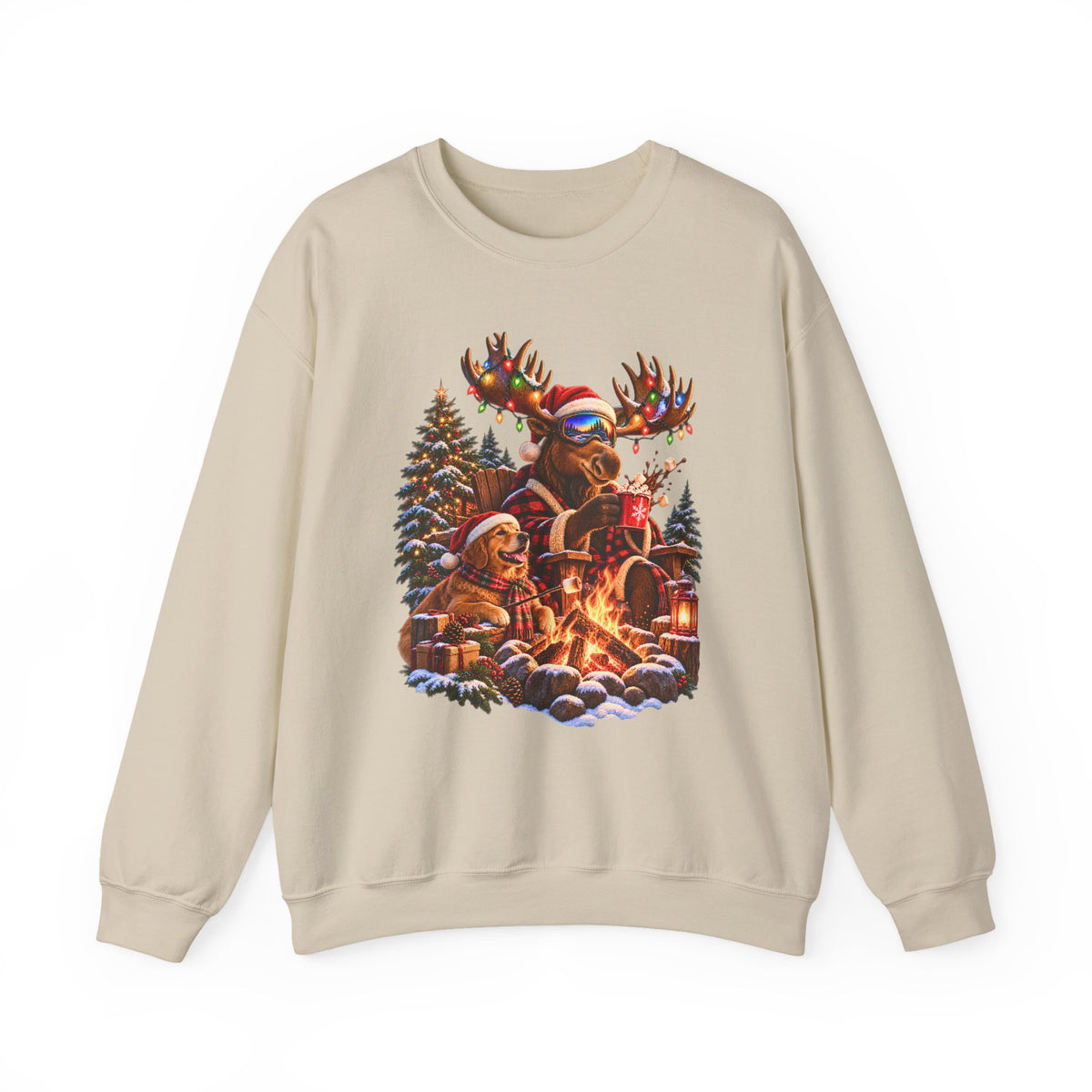 Christmas Moose Sweatshirt, Golden Retriever Christmas Crewneck, Cozy Holiday Campfire, Funny Winter Animal Gift