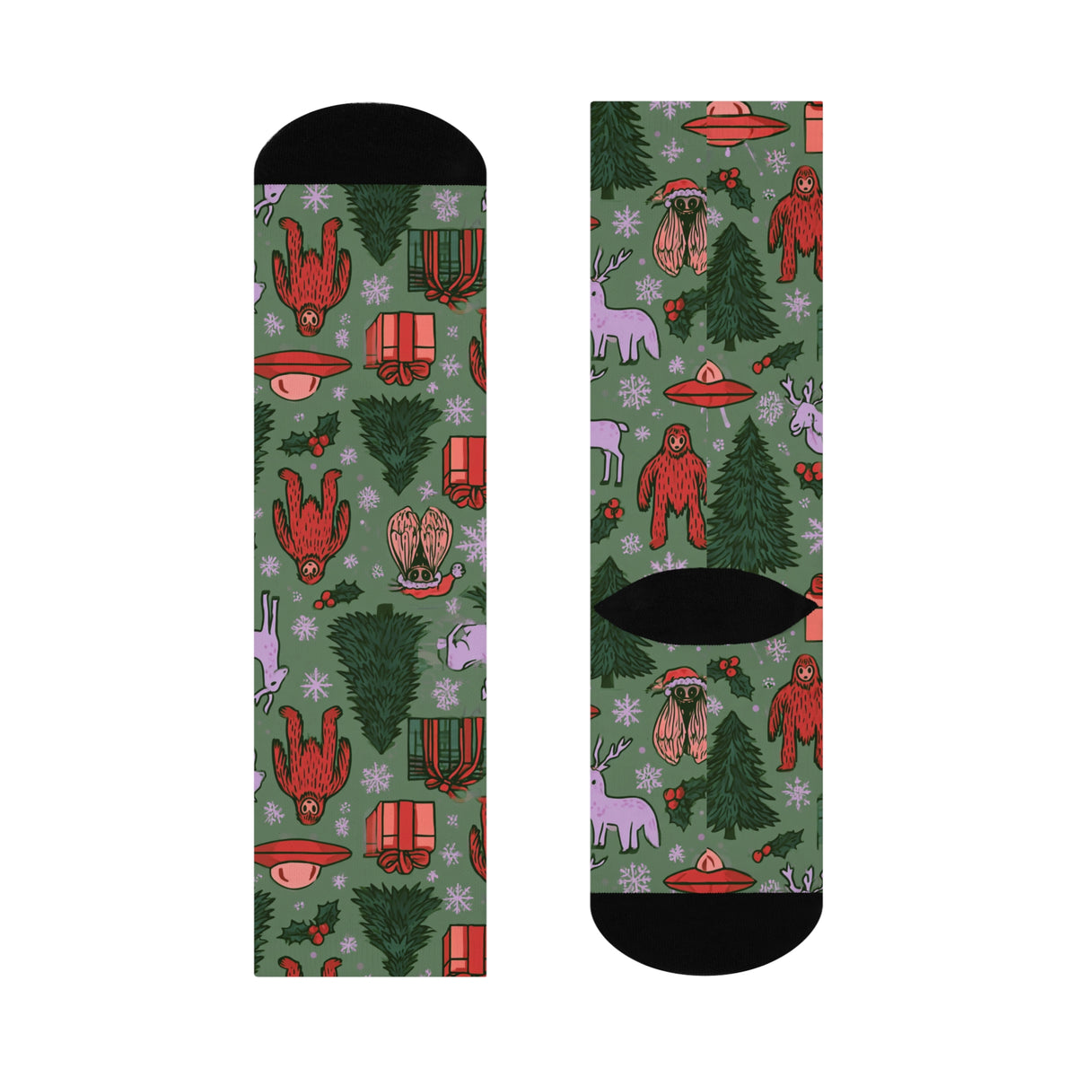 Cryptid Christmas Crew Socks | Bigfoot Mothman UFO Holiday