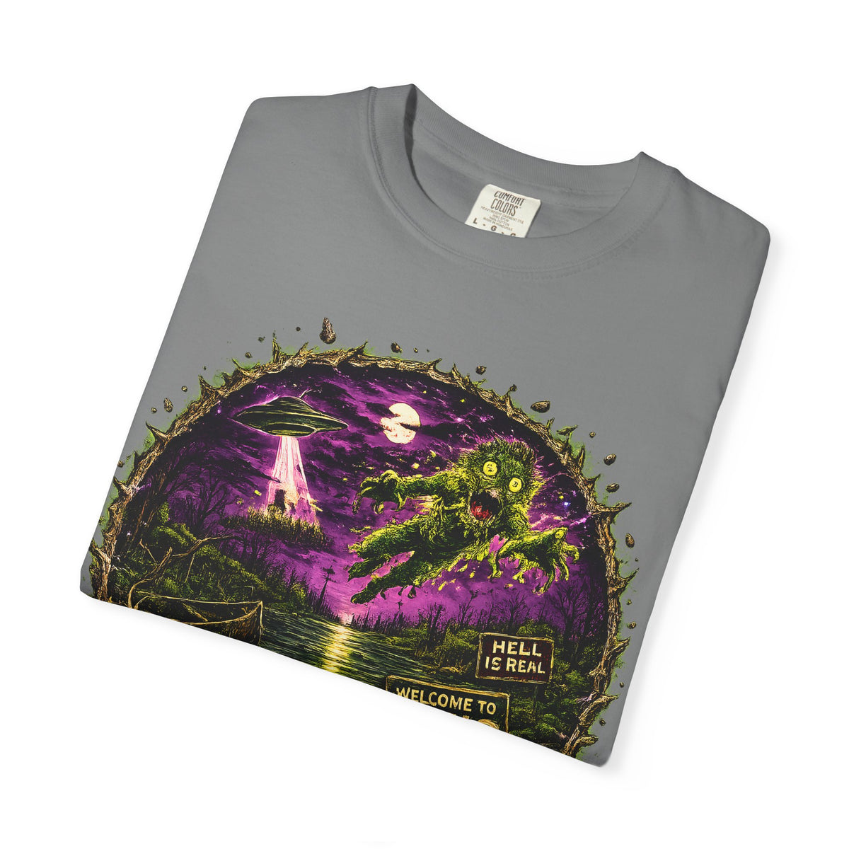 Ohio Horror Shirt, Lake Erie Monster Graphic, Cryptid UFO Horror Tee, Midwest Gothic Alien Swamp Design, Retro Halloween Unisex Garment Dyed