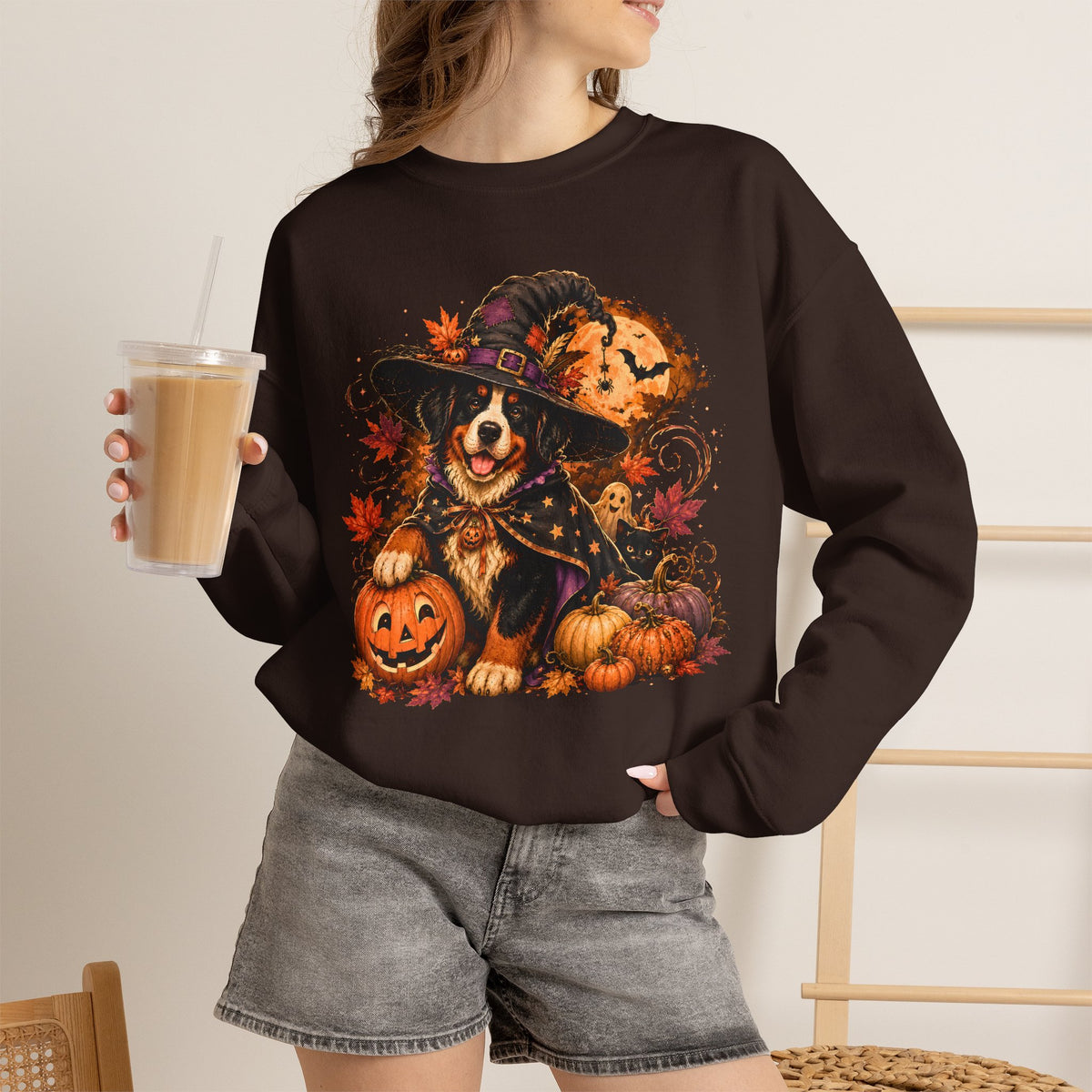 Halloween Witch Dog Sweatshirt | Pumpkin, Jack-o'-Lanterns, Autumn Leaves