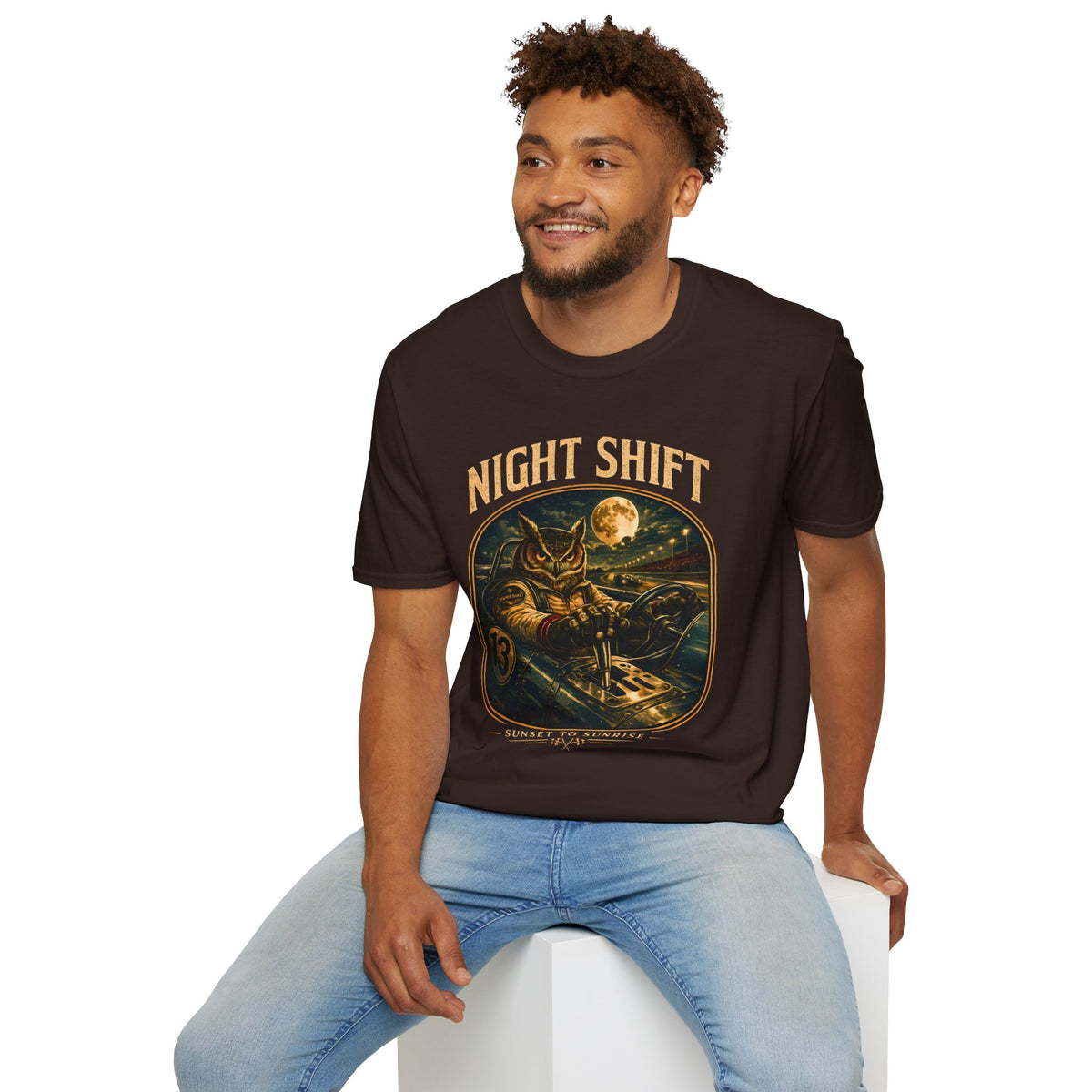 Night Shift Racing Shirt, Owl Race Car Tee, Vintage Motorsport, Sunset To Sunrise Graphic, Night Owl Racing, Retro Racing Gift