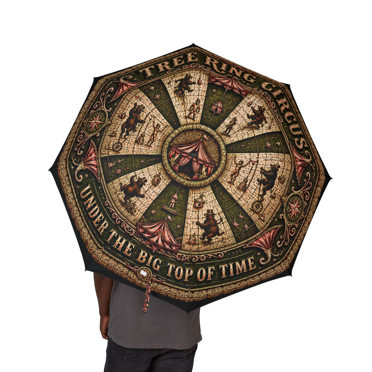 Tree Ring Circus Vintage Umbrella | Whimsical Forest Circus Art | Windproof Auto Open Rain Umbrella | Unique Nature Gift
