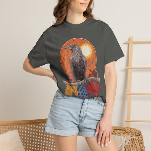 Autumn Crow Illustration T-shirt | Raven, Fall Leaves, Harvest Moon