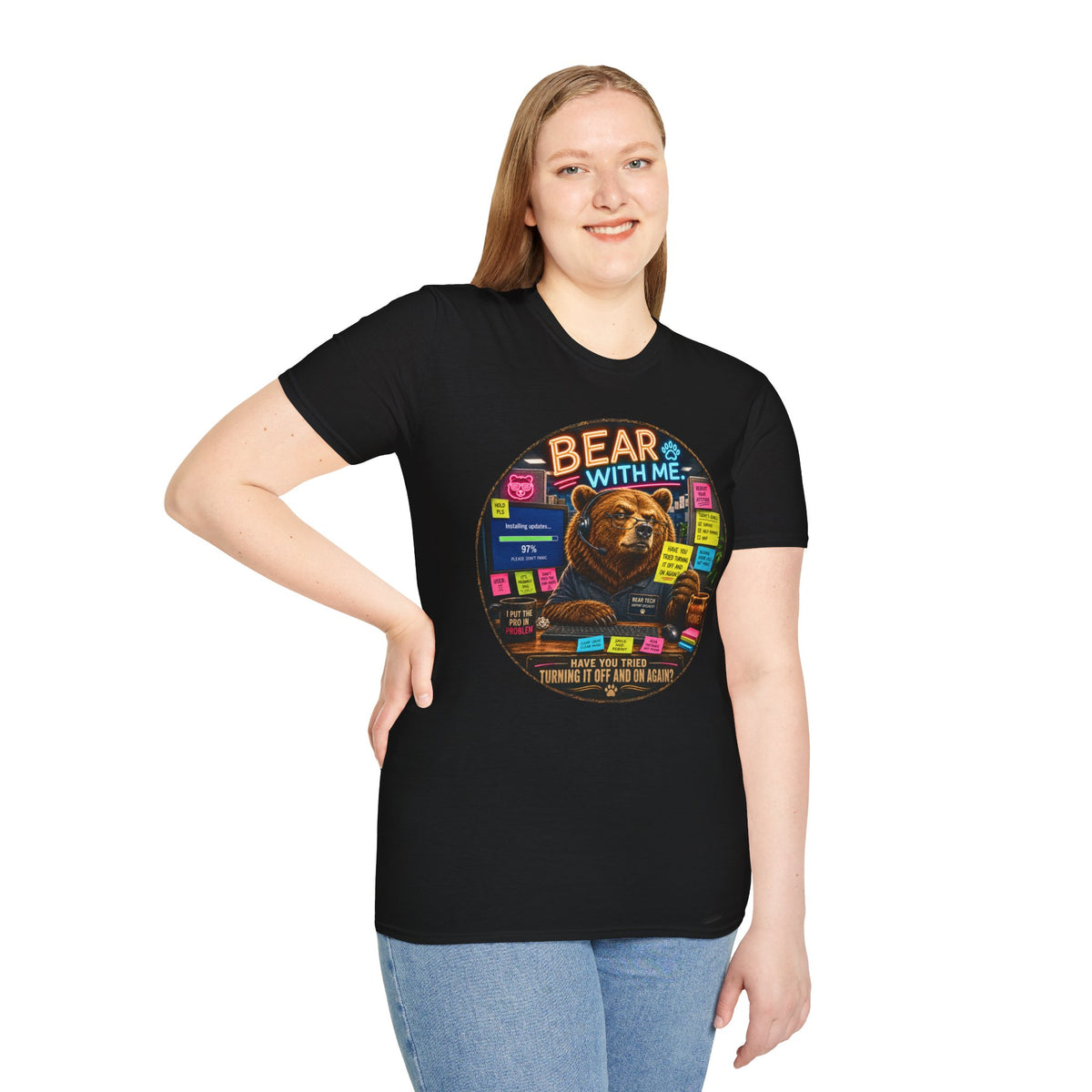 Bear With Me Shirt, Funny IT Support Tee, Tech Help Desk Humor, Turning It Off And On Again Graphic T-Shirt