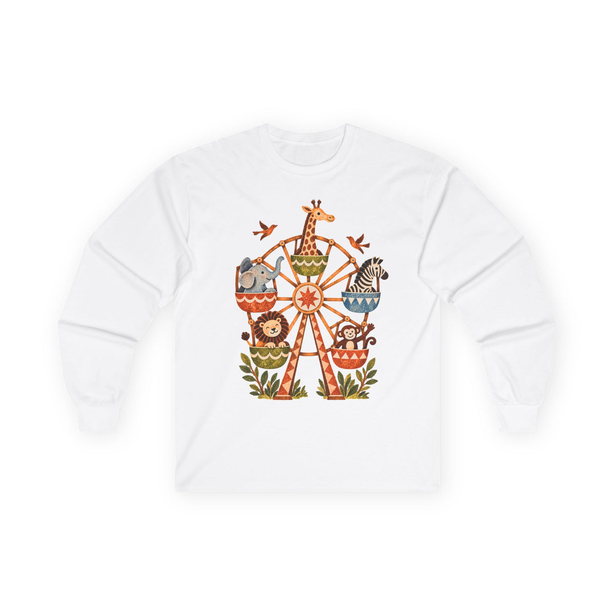 Vintage Safari Ferris Wheel Long Sleeve Shirt, Whimsical Zoo Animal Tee, Retro Storybook Graphic, Unisex Animal Lover Gift