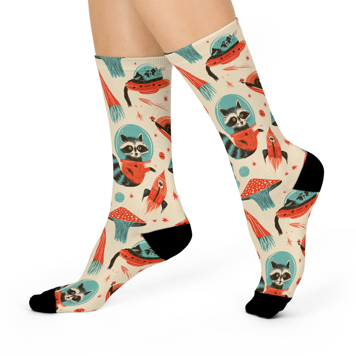 Retro Space Animal Crew Socks | Astronaut Raccoons Cats UFOs
