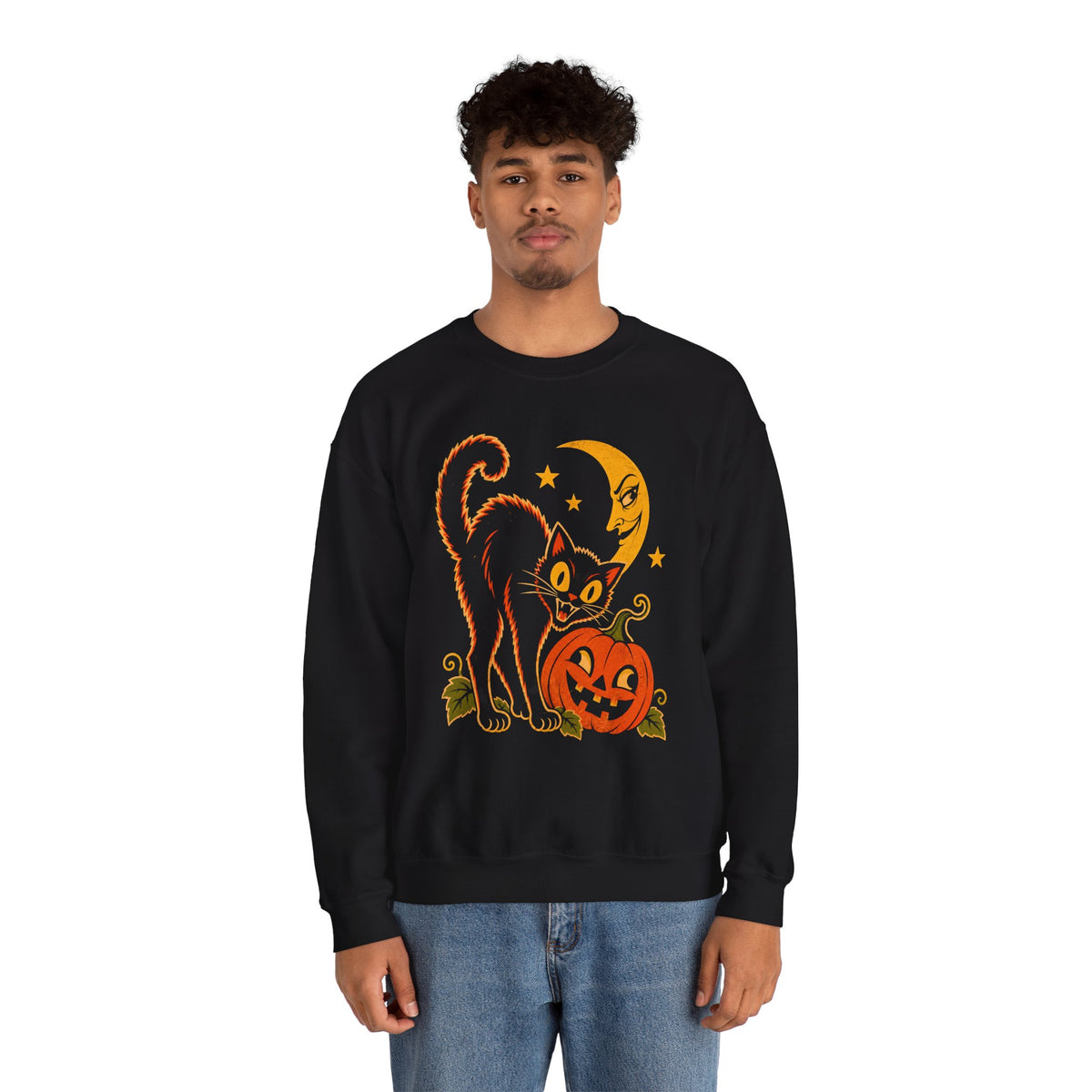 Vintage Halloween Black Cat Sweatshirt, Retro Pumpkin Moon Crewneck, Weird Spooky Cat Gildan 18000 Halloween Sweater