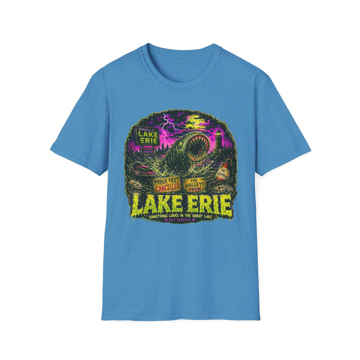 Lake Erie Cryptid Horror Graphic, Midwest Gothic Monster Apparel, Walleye Know Retro Tourism Design, Analog Horror Streetwear