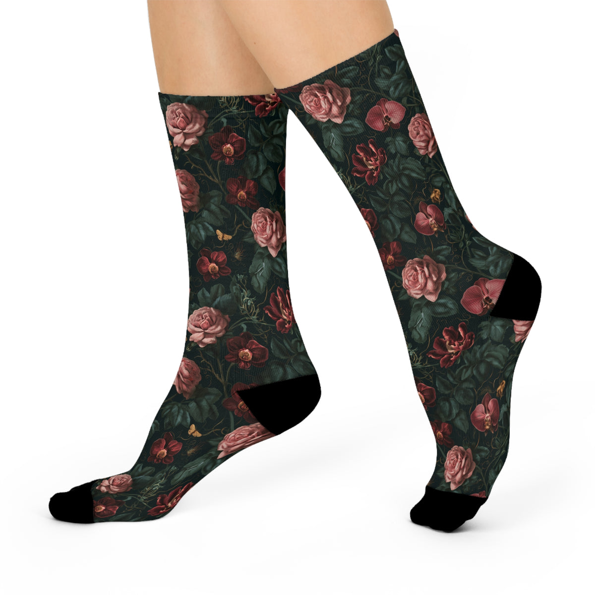 Midnight Rose Crew Socks | Gothic Botanical Moths & Flowers
