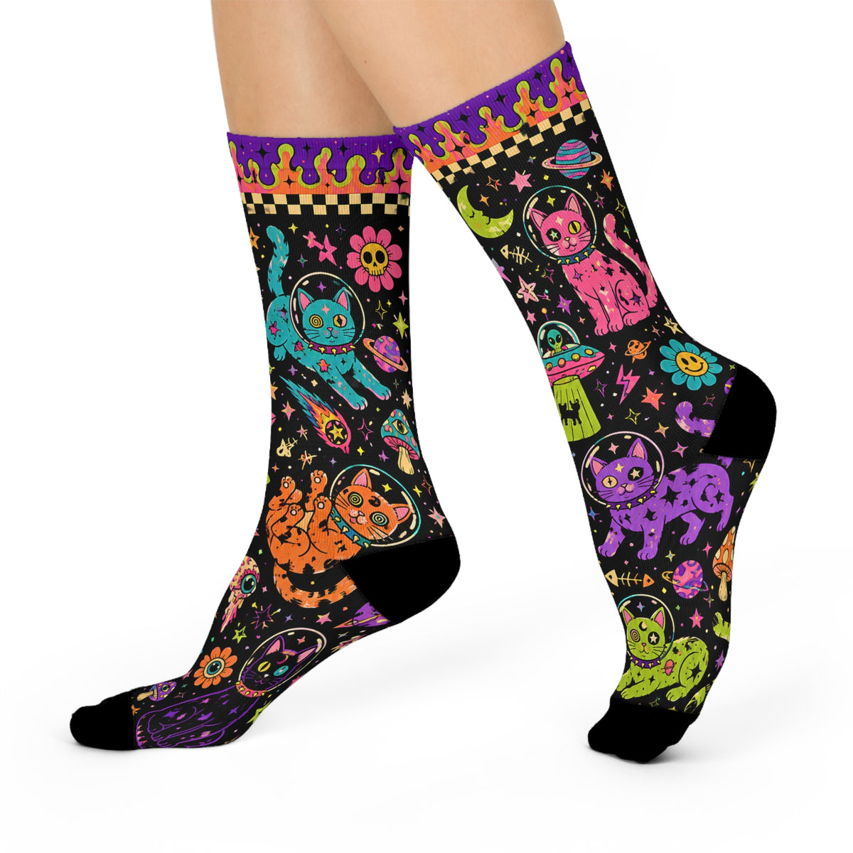 Neon Space Cats Crew Socks | Alien Cat Astronauts, Planets & Stars