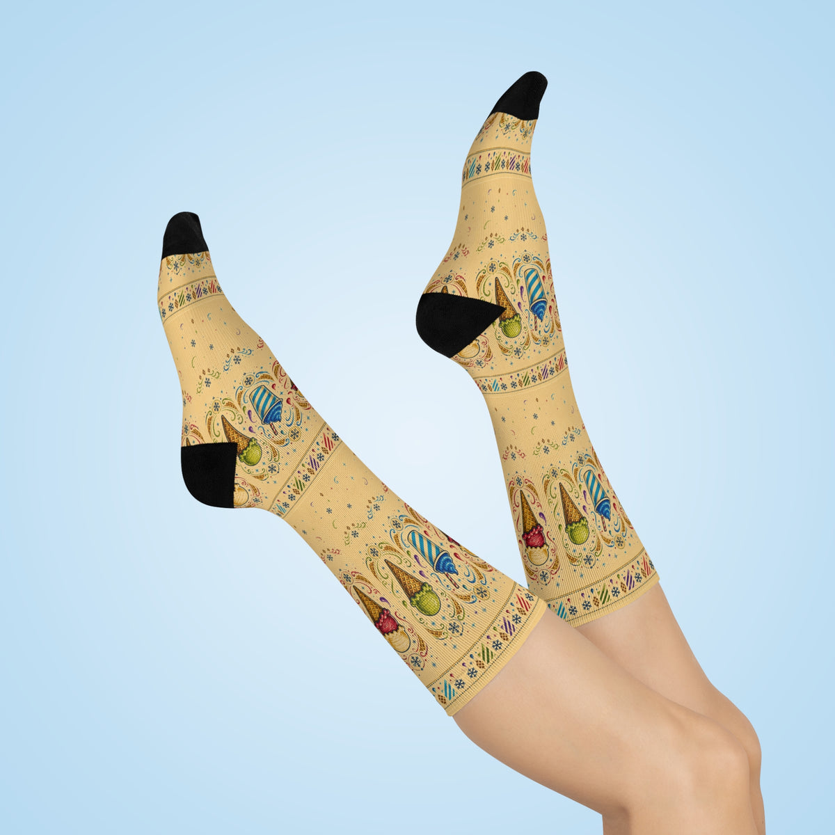 Winter Treat Socks, Ice Cream Snow Cone and Slushie Crew Socks, Retro Dessert Gift, Colorful Foodie Stocking Stuffer