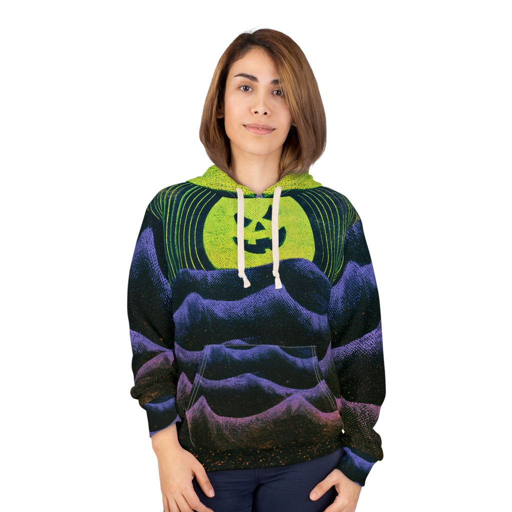 Halloween AOP Hoodie, Jack O Lantern Moon Hoodie, Purple Ocean Wave Sweatshirt, Spooky All Over Print Hoodie, Unisex Halloween Pullover