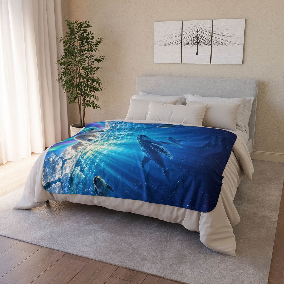 Arctic Adventure Blanket, Polar Bear Whale Blanket, Kids Ocean Throw, Aurora Borealis Blanket, Winter Animal Bedroom Decor, Gift for Kids