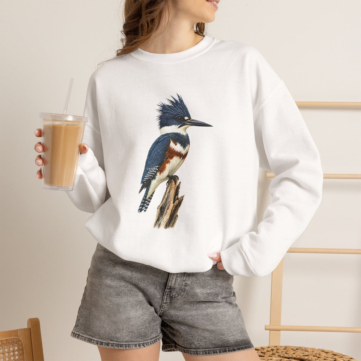 Belted Kingfisher Illustration Sweatshirt | Vintage Bird Art, Nature Lover