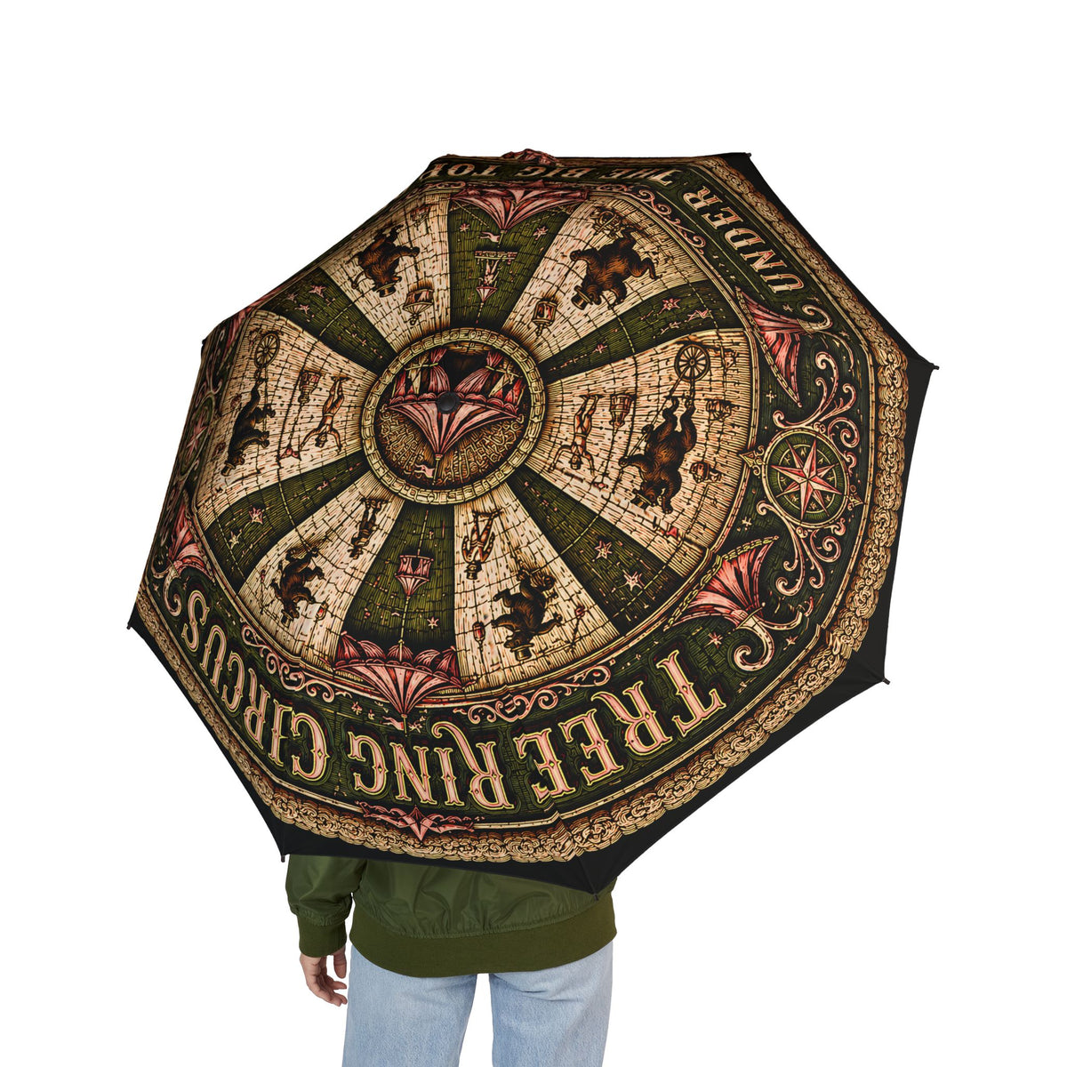 Tree Ring Circus Vintage Umbrella | Whimsical Forest Circus Art | Windproof Auto Open Rain Umbrella | Unique Nature Gift