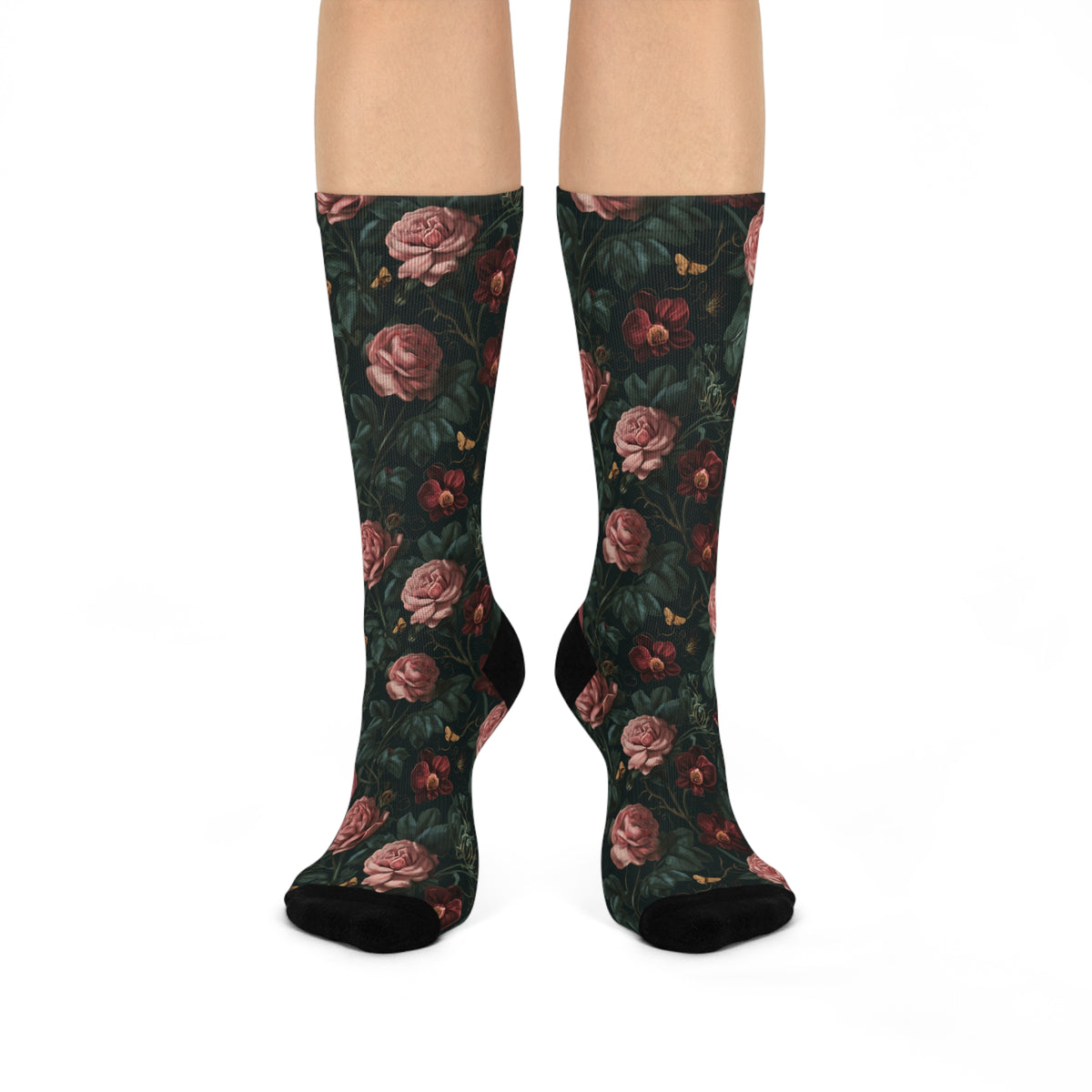 Midnight Rose Crew Socks | Gothic Botanical Moths & Flowers
