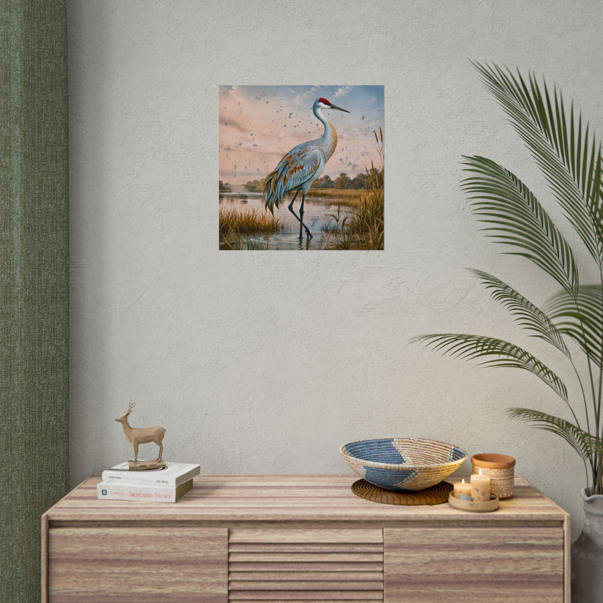Sandhill Crane Rolled Poster | Wetland Bird Art, Marsh Landscape