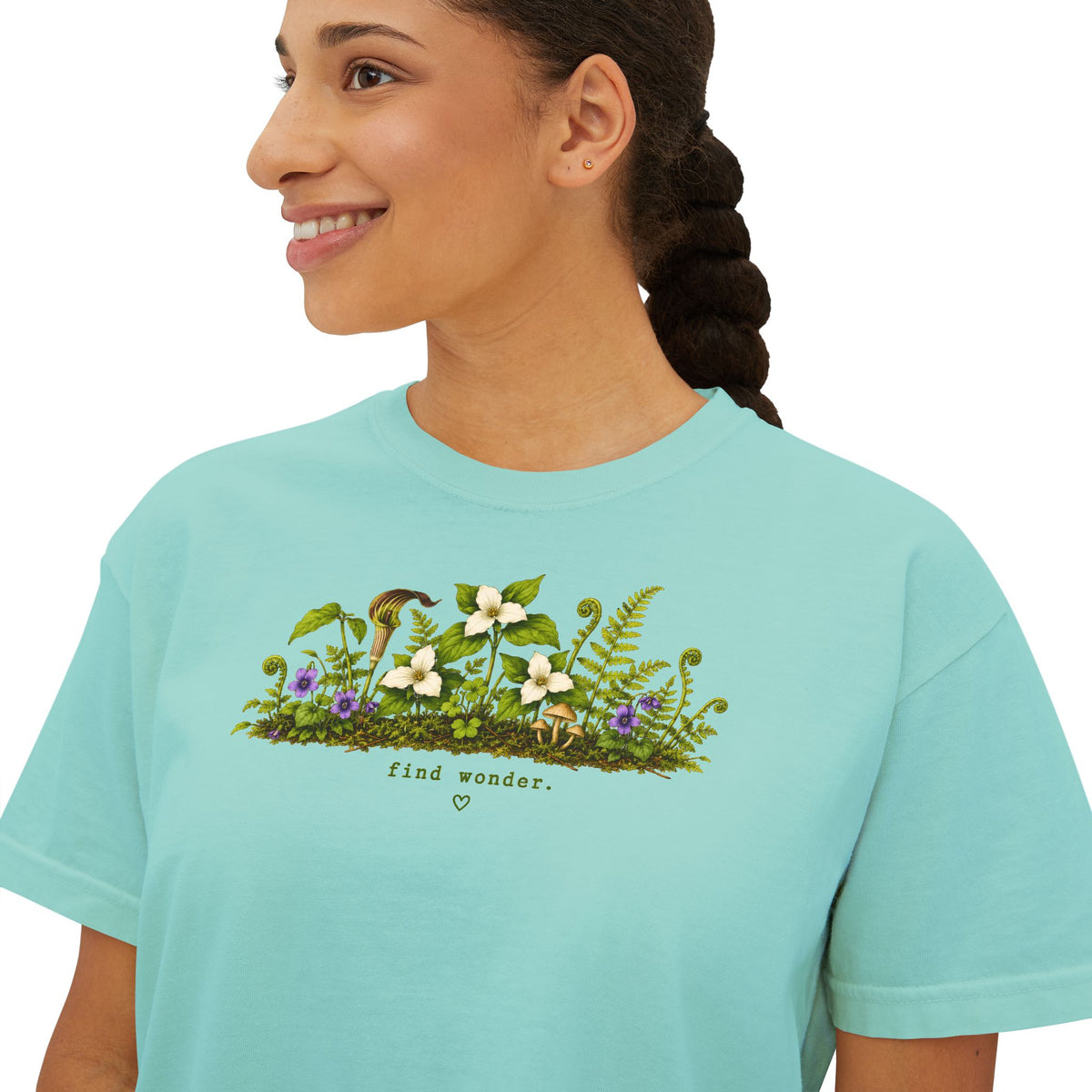 Find Wonder Boxy Tee | Woodland Wildflower Shirt | Cottagecore Mushroom Graphic Tee | Women's Relaxed Cropped Nature Shirt