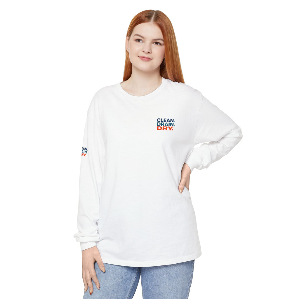 Long Sleeve Tee — "Clean. Drain. Dry." Lake Conservation Shirt