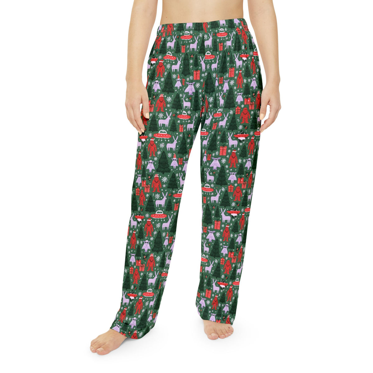 Whimsical Cryptid Christmas Pajama Pants | Bigfoot UFO Print