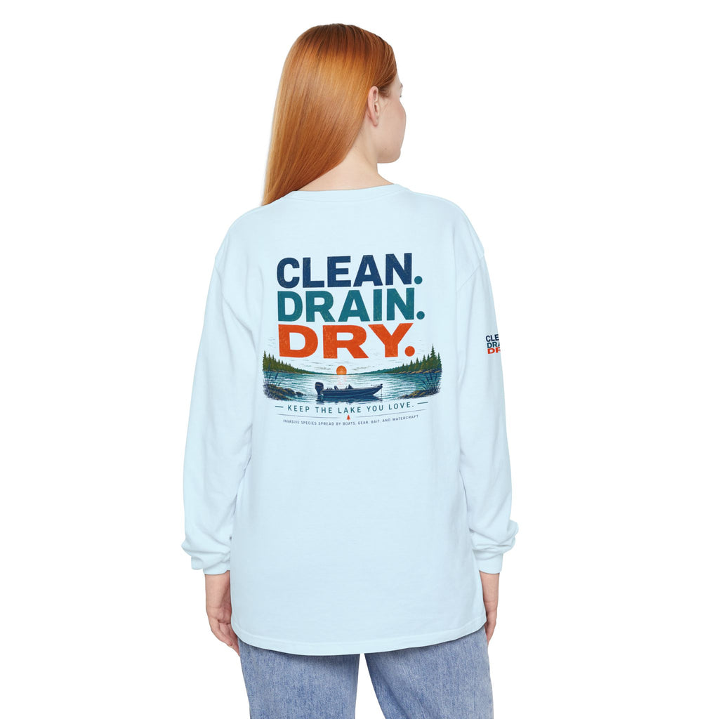 Long Sleeve Tee — "Clean. Drain. Dry." Lake Conservation Shirt
