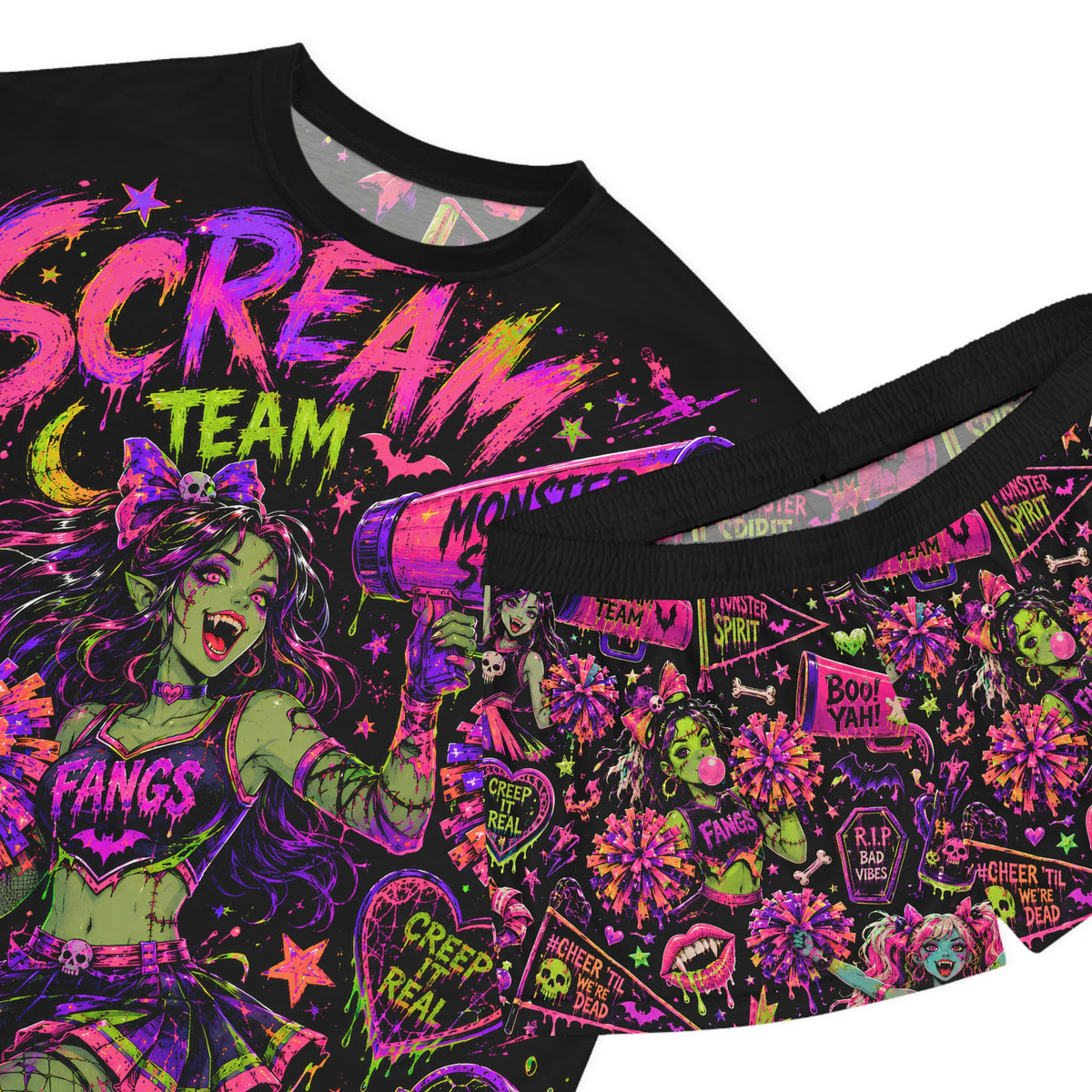 Halloween Cheer Pajama Set | Monster Spirit Oversized Sleep Shirt & Shorts | Spooky Cute Women's PJ Set | Scream Team Loungewear