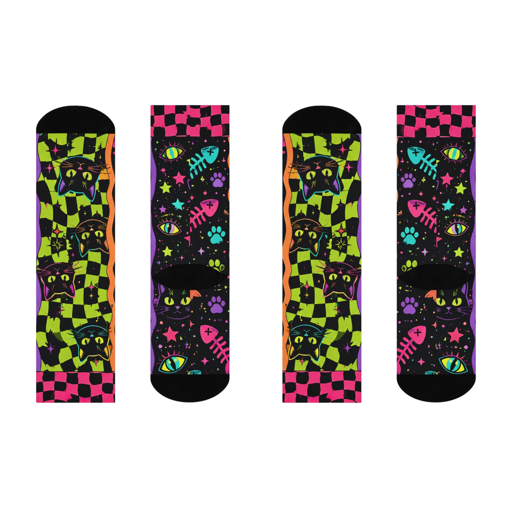Neon Checkerboard Black Cat Crew Socks | Colorful Cat Pattern
