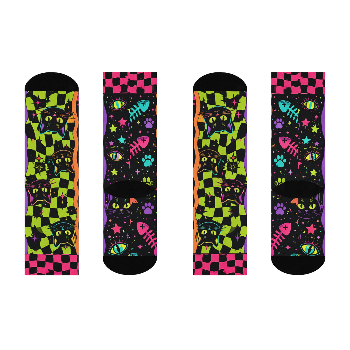 Neon Checkerboard Black Cat Crew Socks | Colorful Cat Pattern