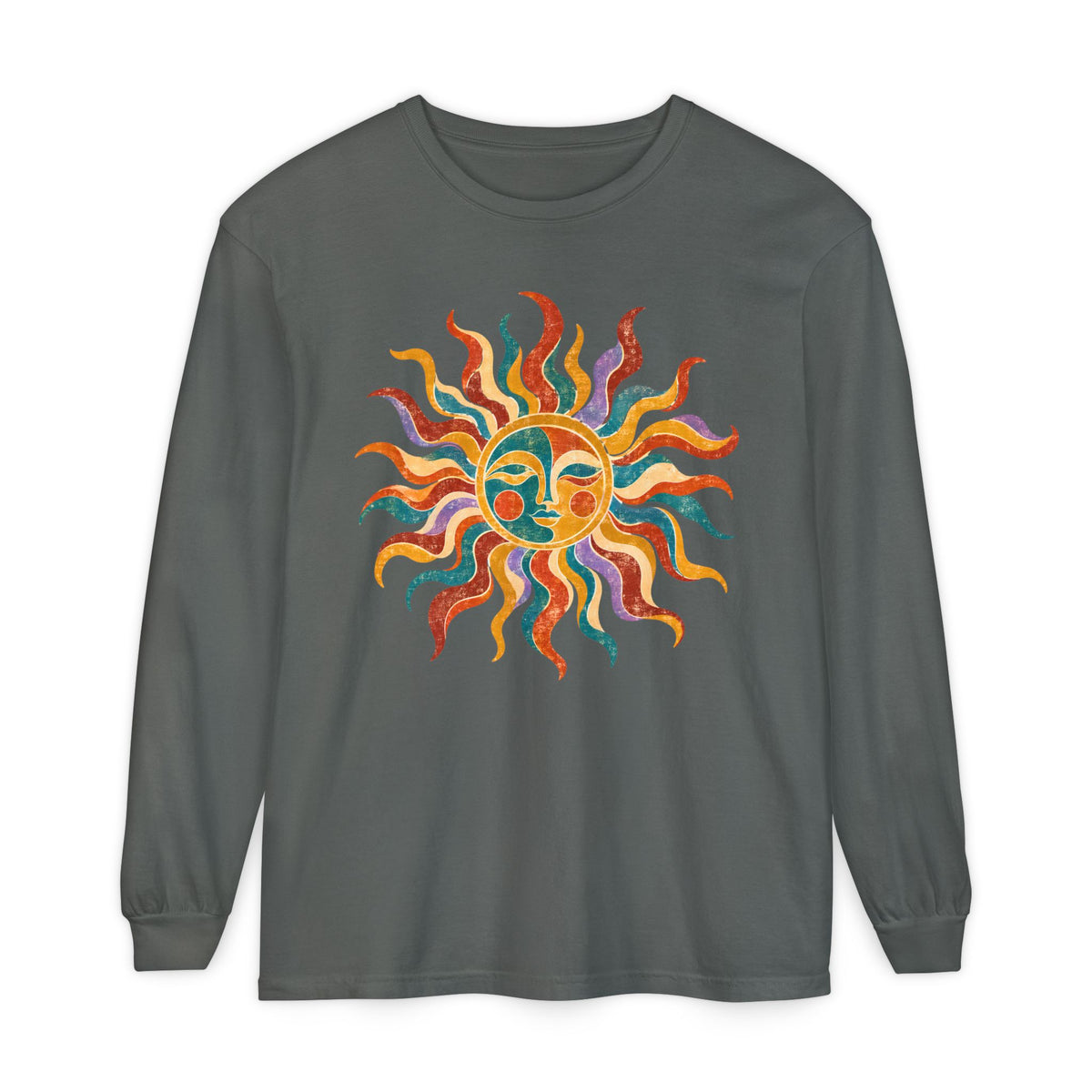 Retro Sun Long Sleeve Shirt, Folk Art Celestial Tee, Vintage Sun Face Shirt, Boho Graphic Long Sleeve