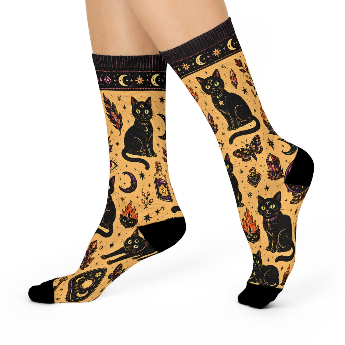 Black Cat Pattern Cushioned Crew Socks | Witchy Moon and Flame Motifs