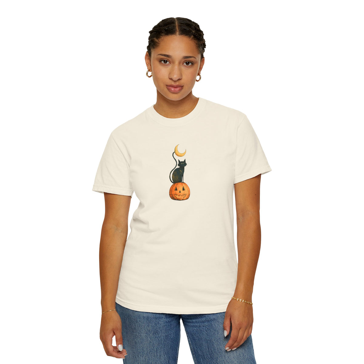 Black Cat on Jack-o'-Lantern T-Shirt | Crescent Moon Halloween Tee