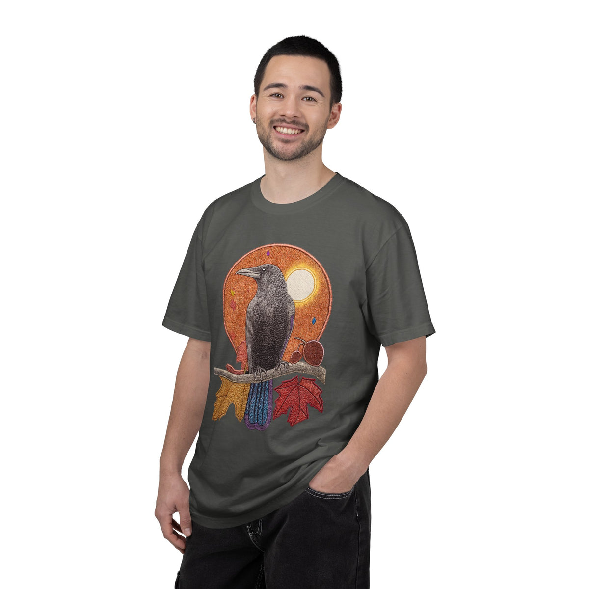 Autumn Crow Illustration T-shirt | Raven, Fall Leaves, Harvest Moon