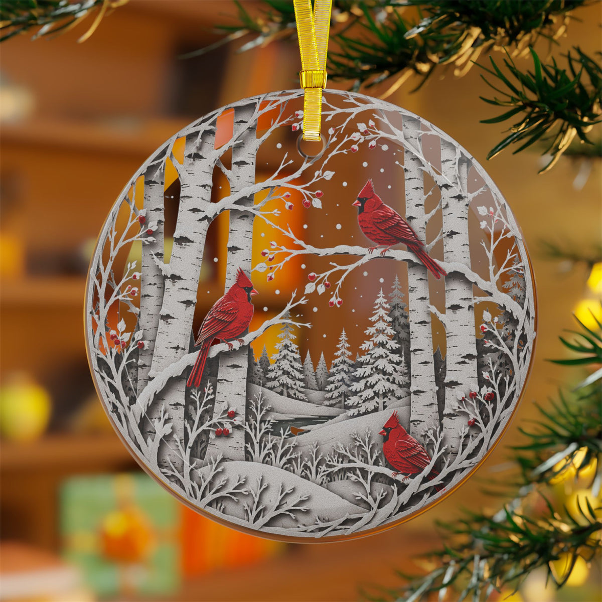Winter Cardinals Ornament | Layered Birch Forest Christmas Tree Decoration | Nature Lover Holiday Gift